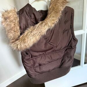 Brown Puffer Vest with Faux Fur Trim